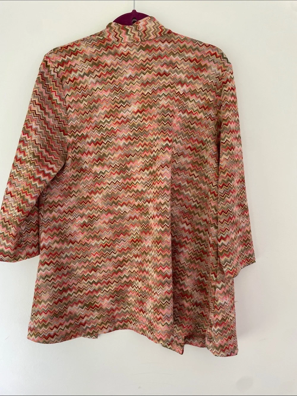 Chicos Travelers Wavy Chevron Open Front Cardigan in Coral & Olive 12/14